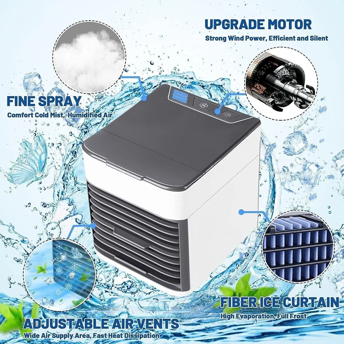 Ultra Mini Air Cooler, Portable USB Room Cooler, Desktop Cooling Fan with Water Tank, 3 Speed Models, LED Night Light, Mini Cooler For Home, Travel and Office