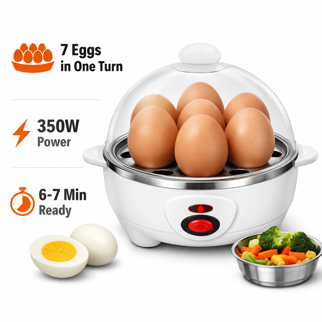7-Egg Electric Boiler with Auto Cut-Off & Steam Tray | Compact Egg Cooker for Home & Travel